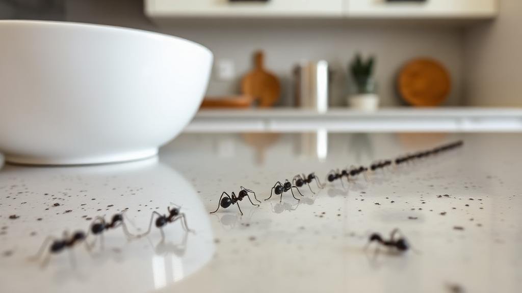 النمل يسير في صف على سطح المطبخ