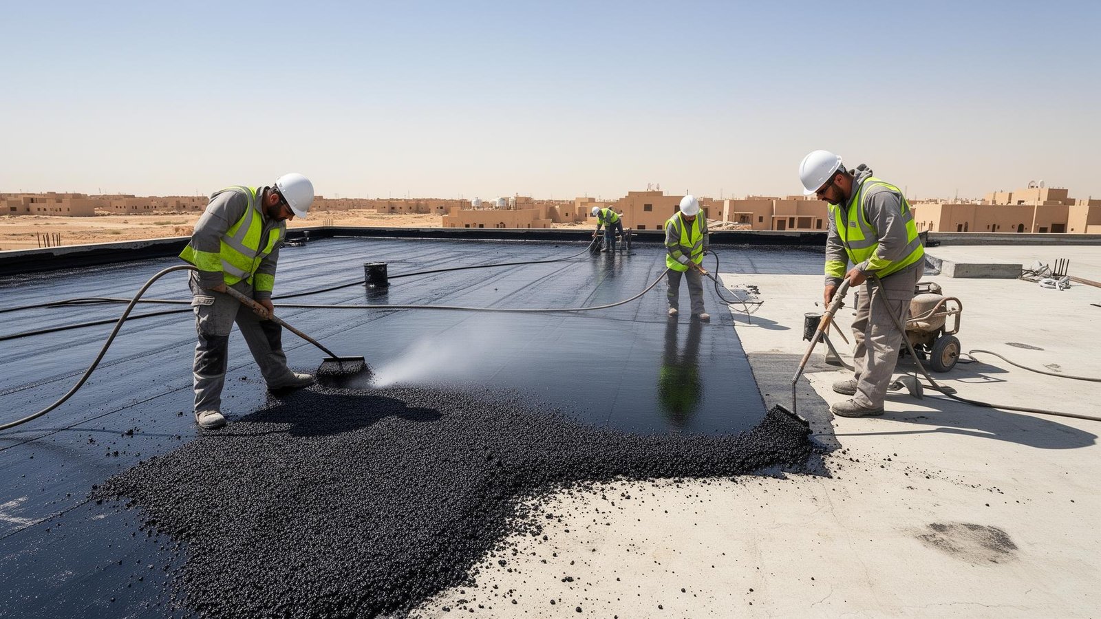 عامل يقوم بتطبيق العزل الإسفلتي البيتومين على سطح المبنى