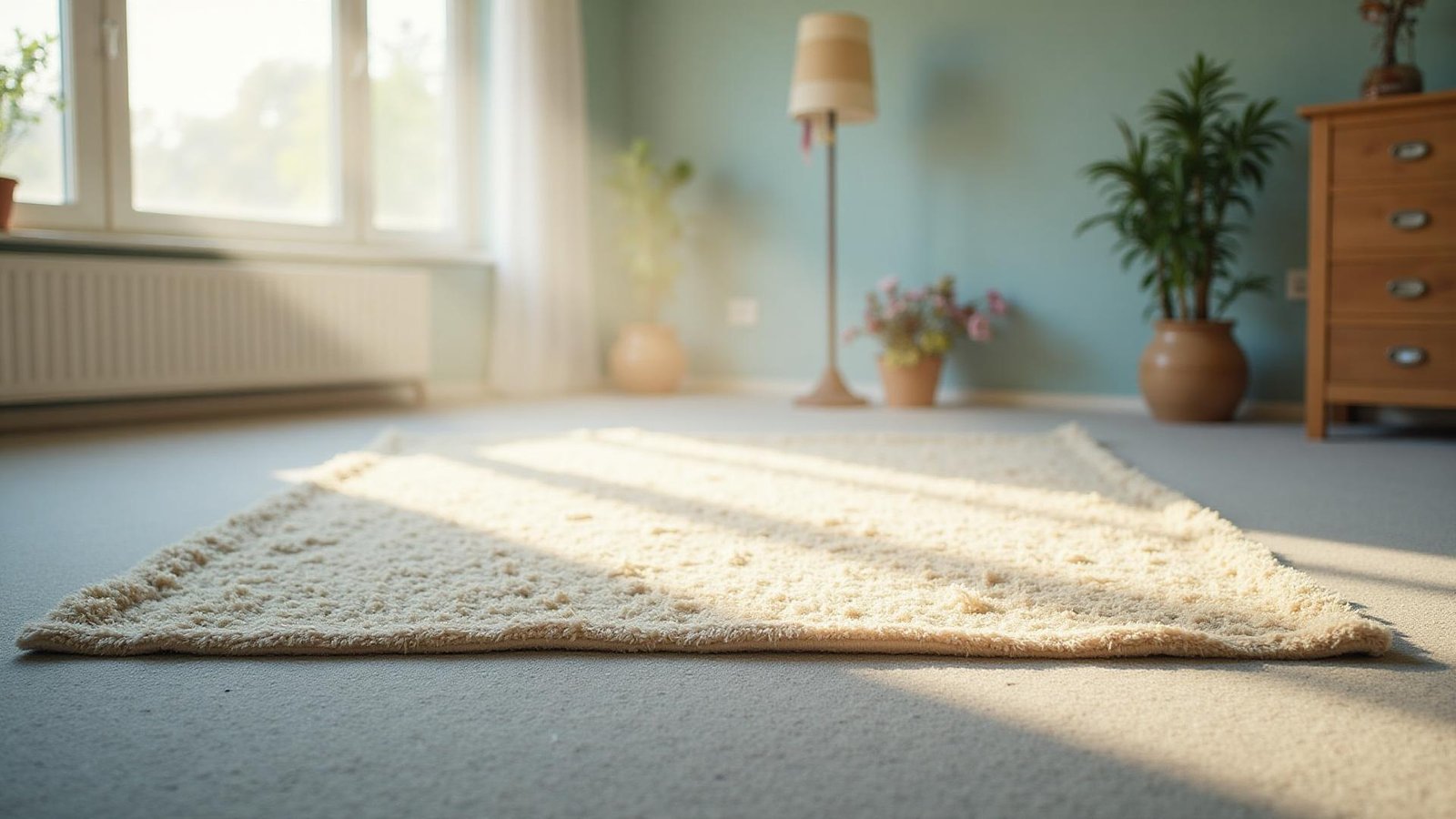 سجاد نظيف يجف في غرفة جيدة التهوية مع ضوء الشمس الطبيعي