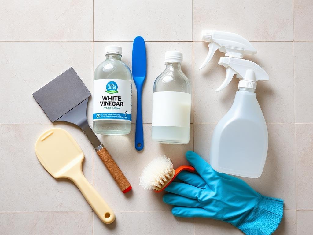 أدوات تنظيف البلاط من الأسمنت - سكين، خل، فرشاة، قفازات