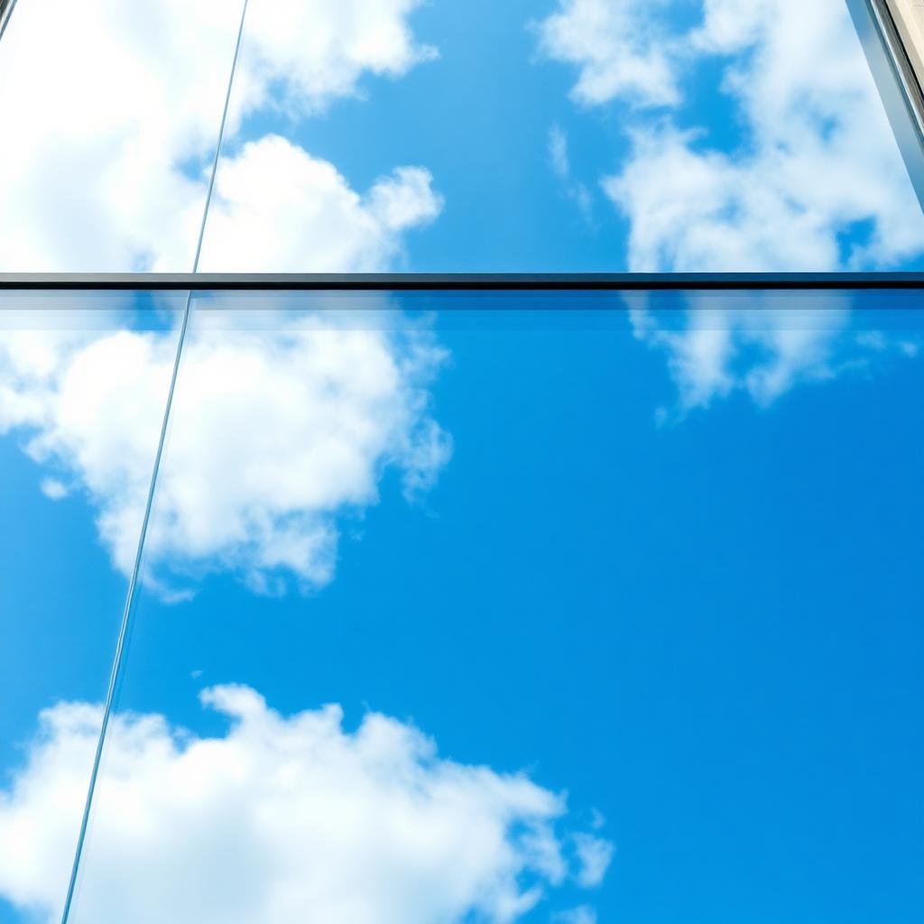 نافذة نظيفة لامعة بدون خطوط تعكس السماء الزرقاء