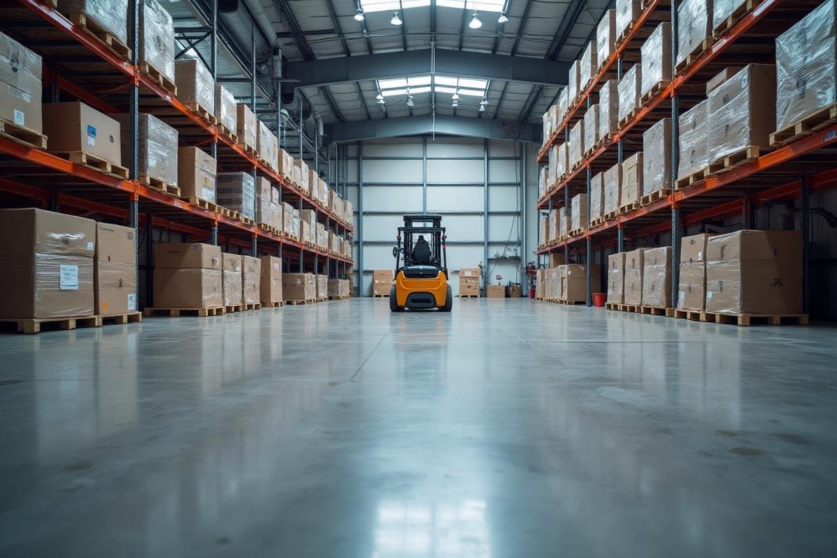 مستودع صناعي كبير بأرضية ايبوكسي رمادية متينة مع رافعة شوكية
