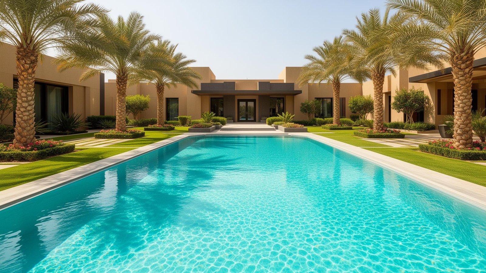 مسبح فايبر جلاس أزرق صافي في حديقة منزل سعودي مع نخيل وديكور عصري