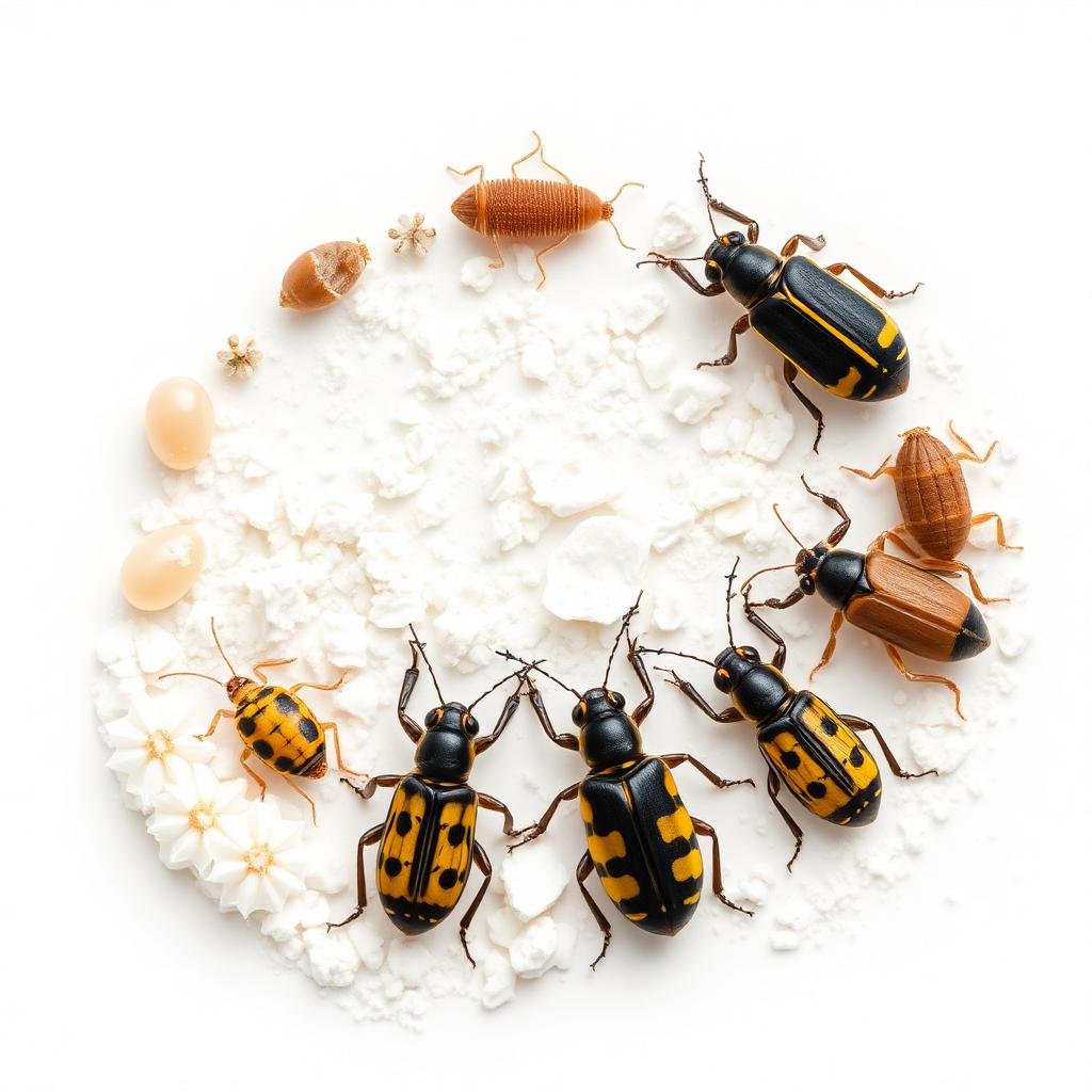 دورة حياة سوس الدقيق - البيض واليرقات والحشرة البالغة