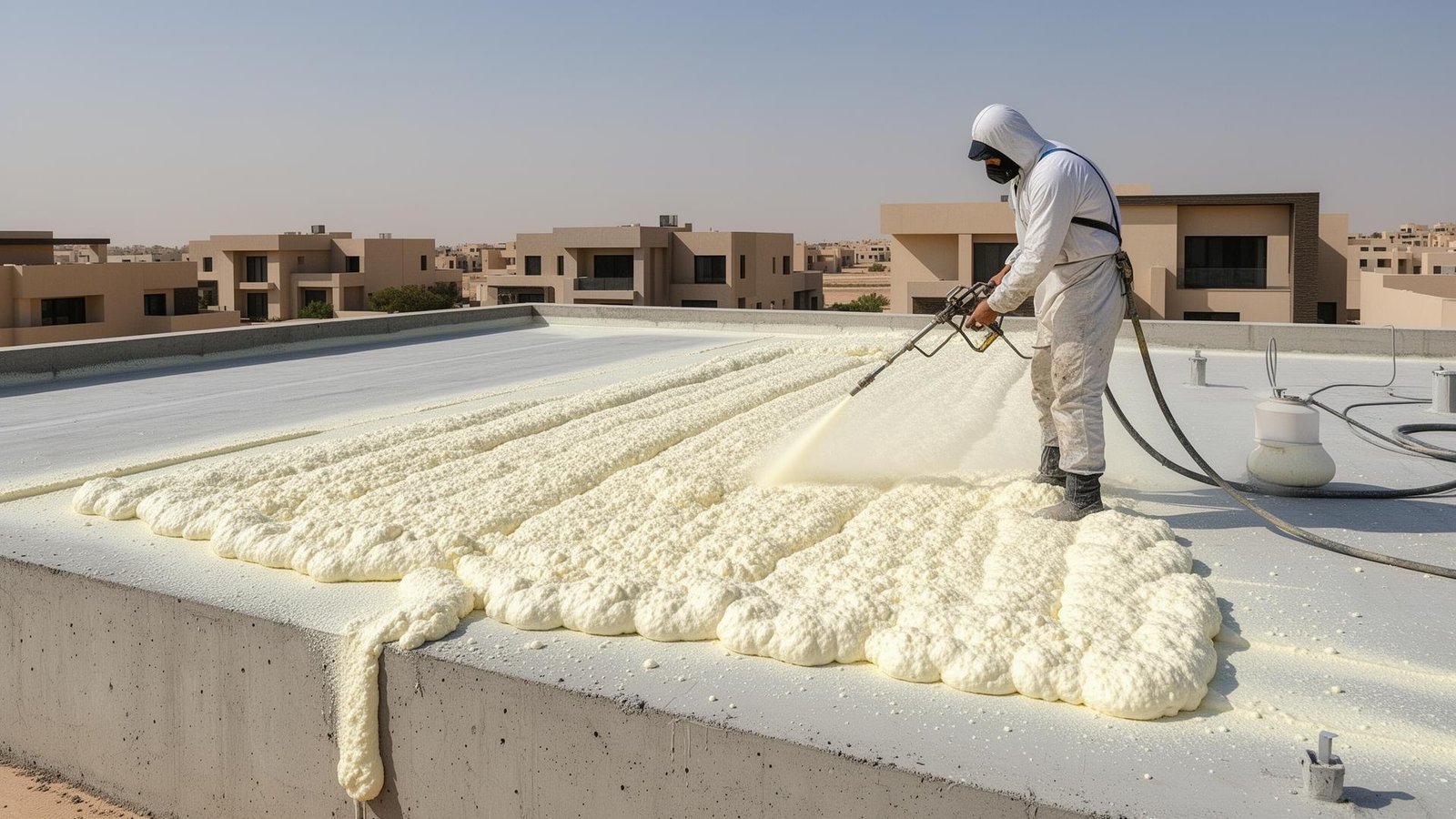 رش عزل الفوم البولي يوريثان على سطح المبنى