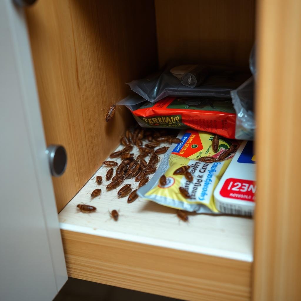 الصراصير الألمانية داخل خزانة المطبخ