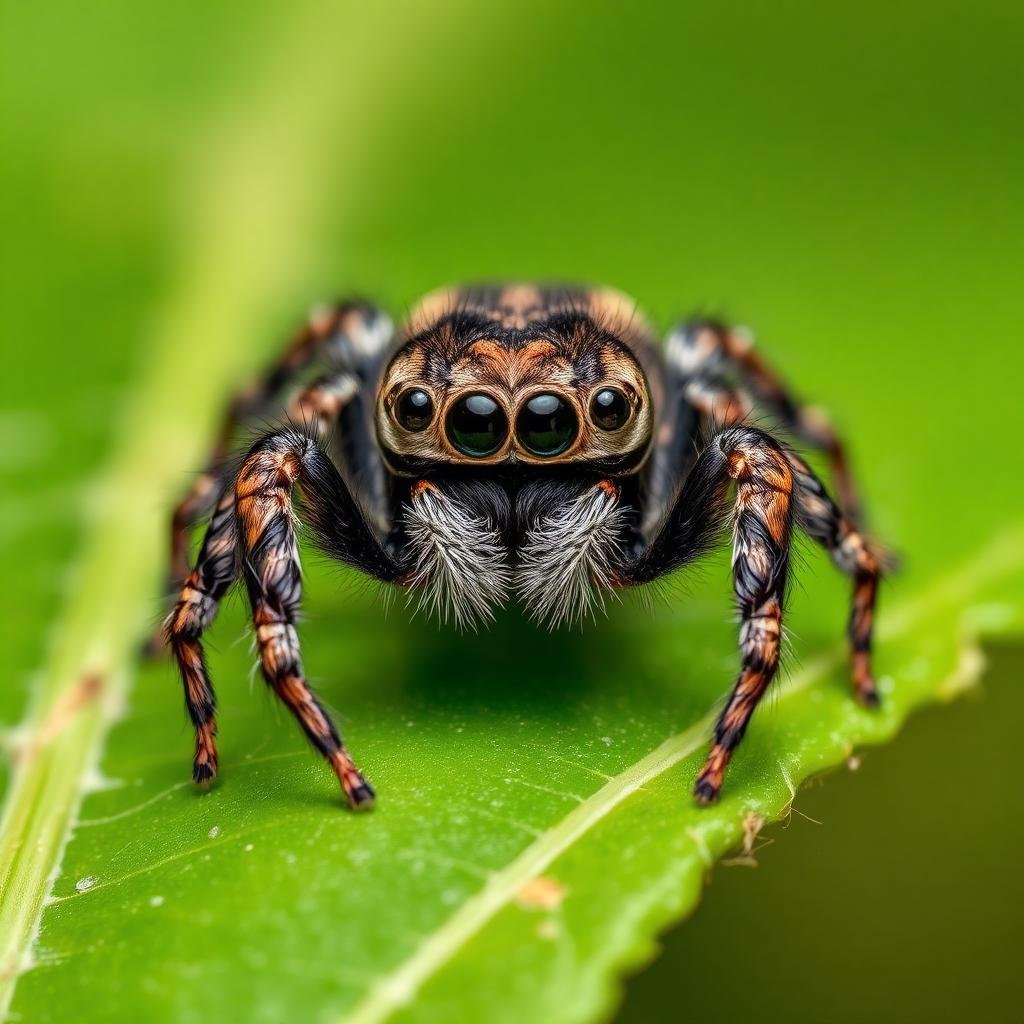 العنكبوت القافز على ورقة خضراء