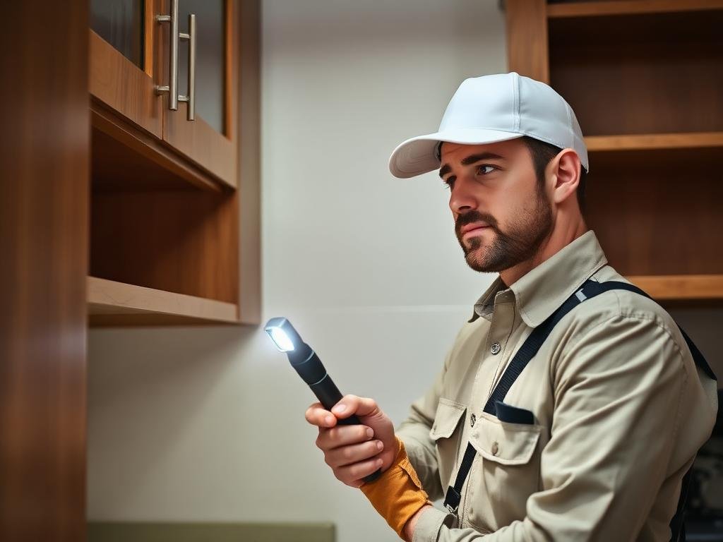 فني مكافحة حشرات يفحص المطبخ بحثاً عن علامات وجود الفئران