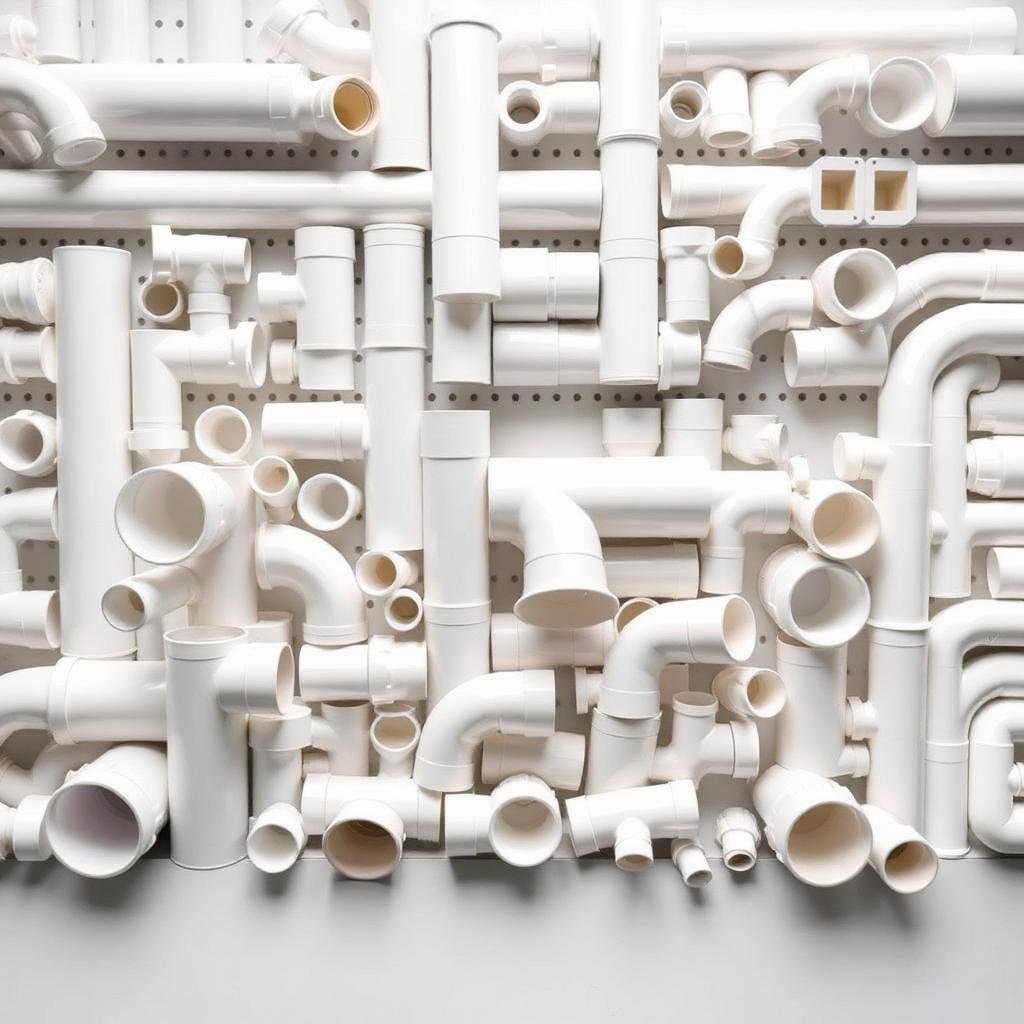 مواسير PVC بيضاء مع وصلات وأكواع ومحابس متنوعة للصرف الصحي