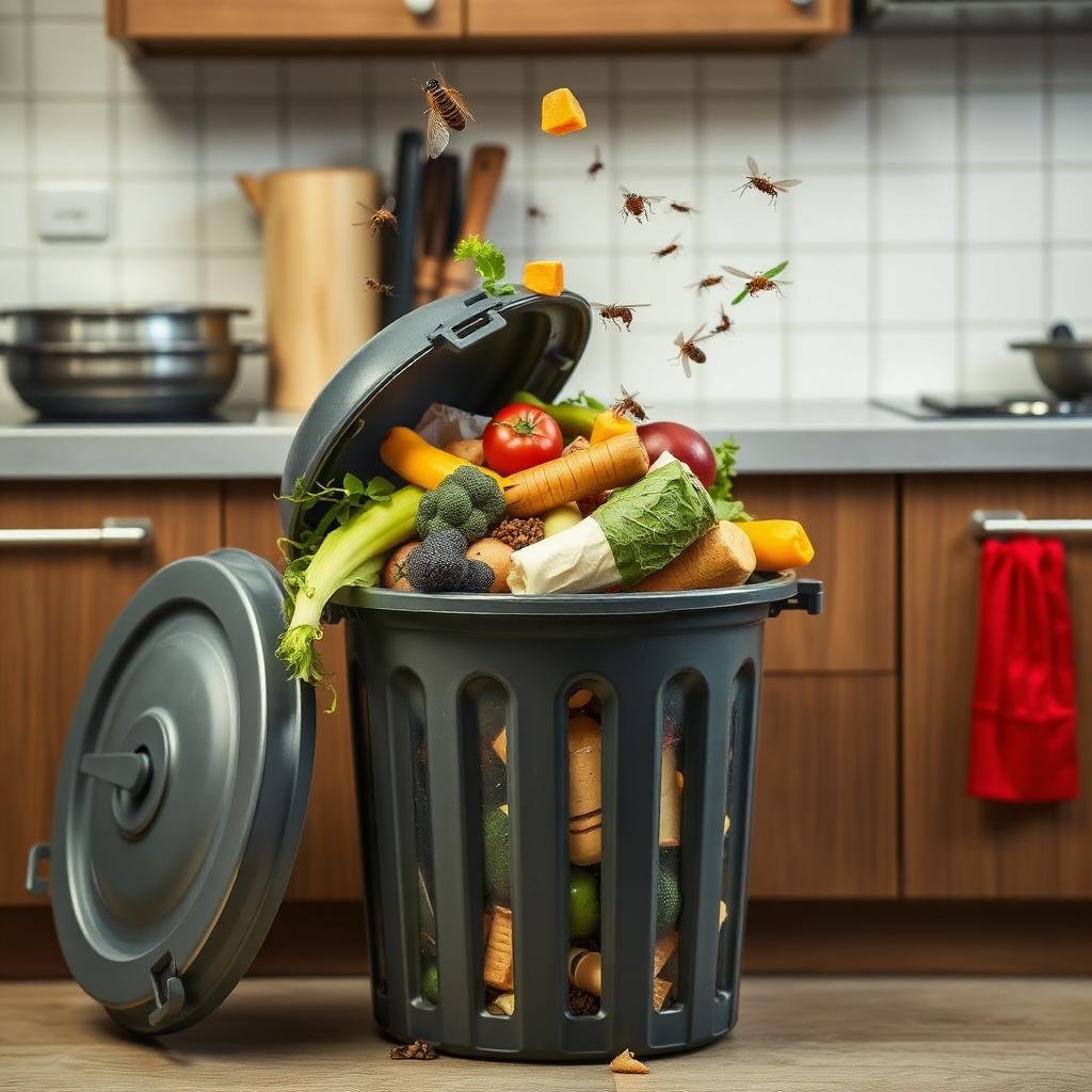سلة قمامة مليئة بالطعام تجذب الفئران في المطبخ