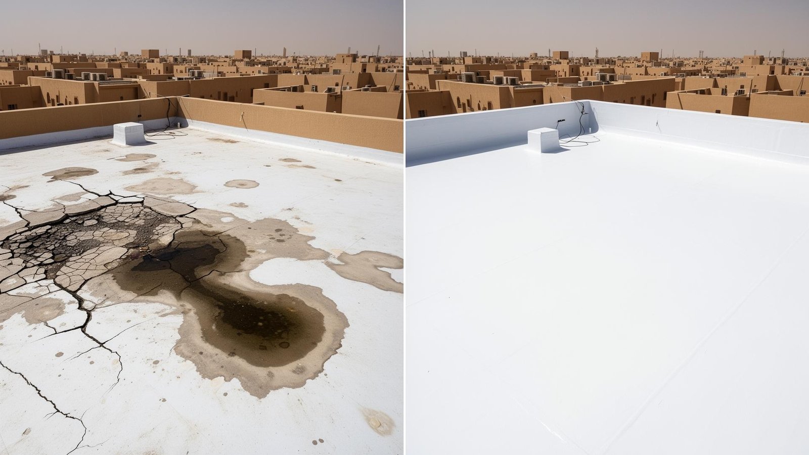 صورة قبل وبعد تطبيق العزل المائي على السطح