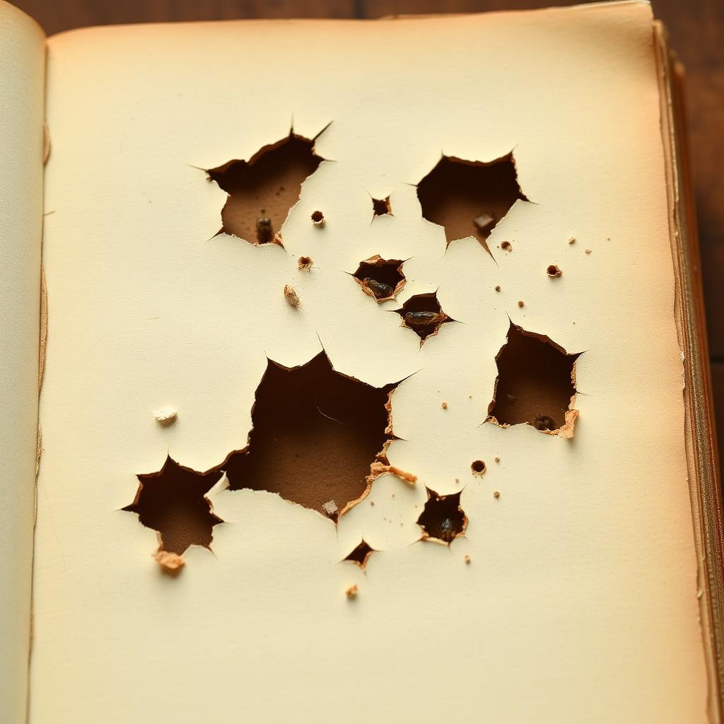 أضرار حشرة السمك الفضي على الكتب والأوراق - ثقوب وتلف واضح