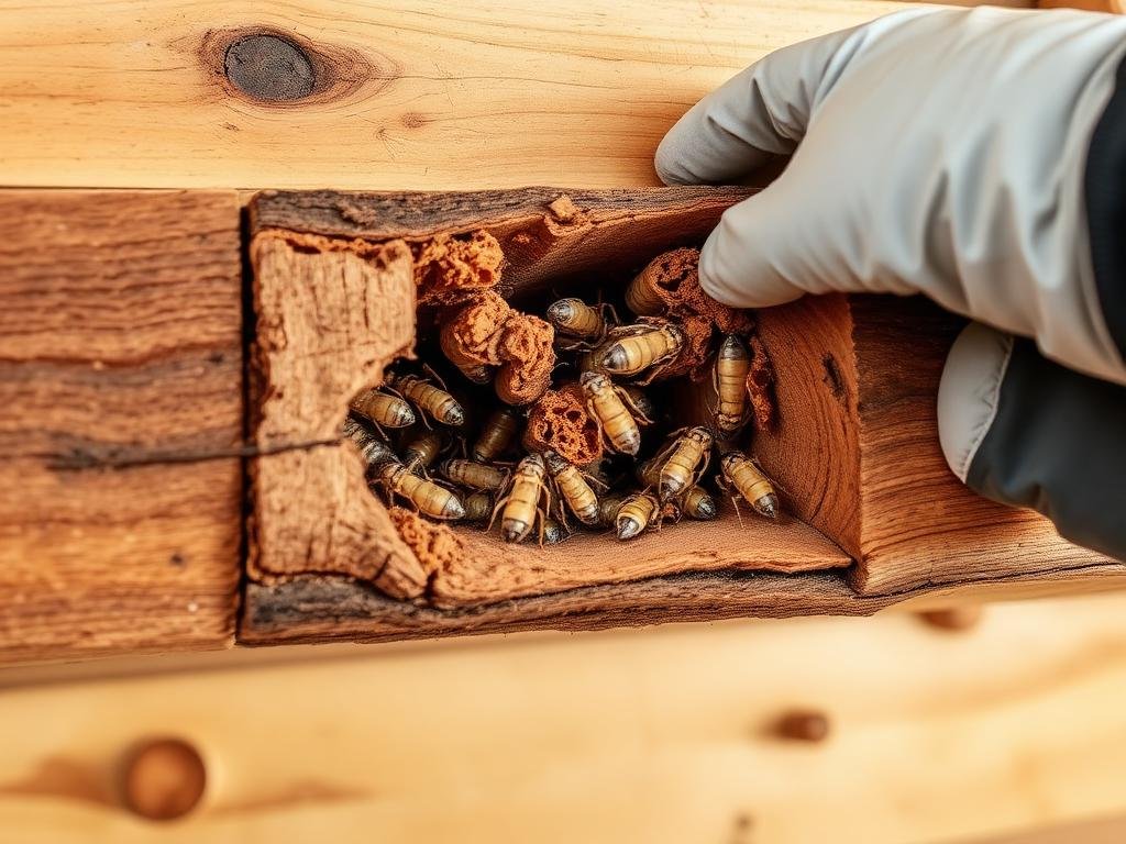 فحص خشب مجوف بسبب أضرار النمل الأبيض