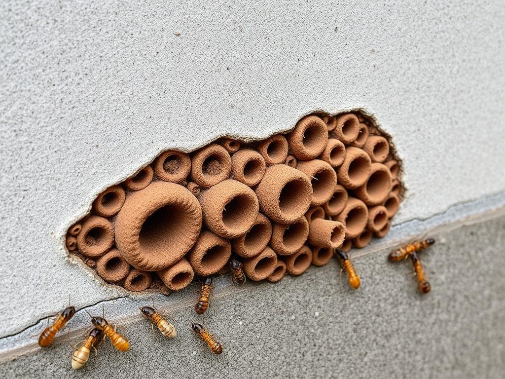 أنابيب طينية للنمل الأبيض على جدار خرساني
