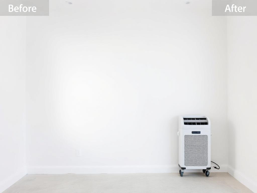 جدار أبيض نظيف بعد إزالة العفن مع جهاز مزيل رطوبة