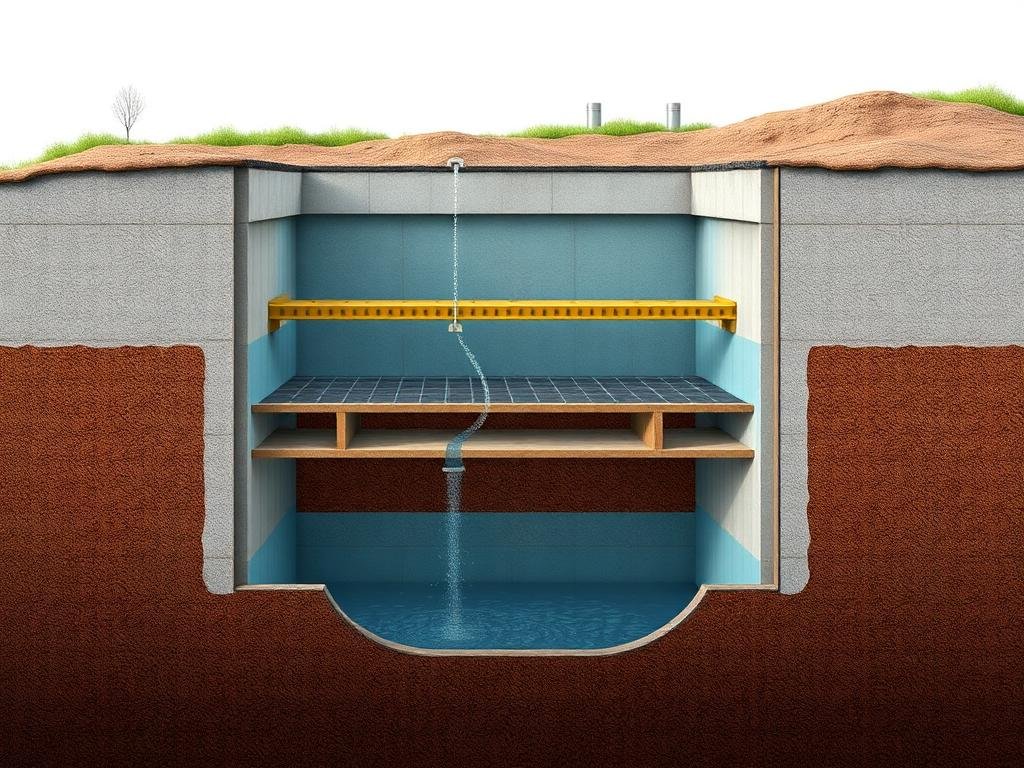 مقطع عرضي لخزان مياه أرضي يوضح طبقات البناء والعزل