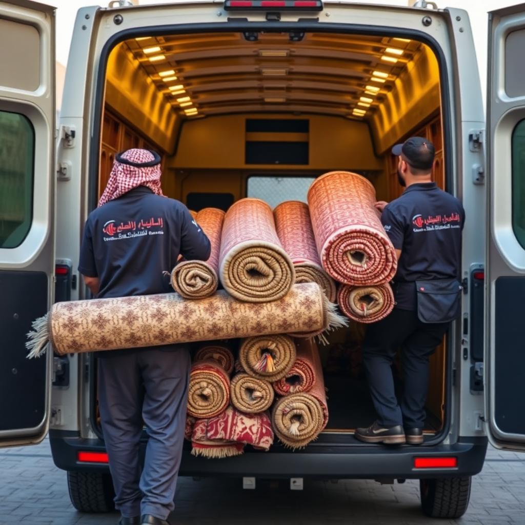 فريق غسيل السجاد ينقل سجاد مغسول ونظيف