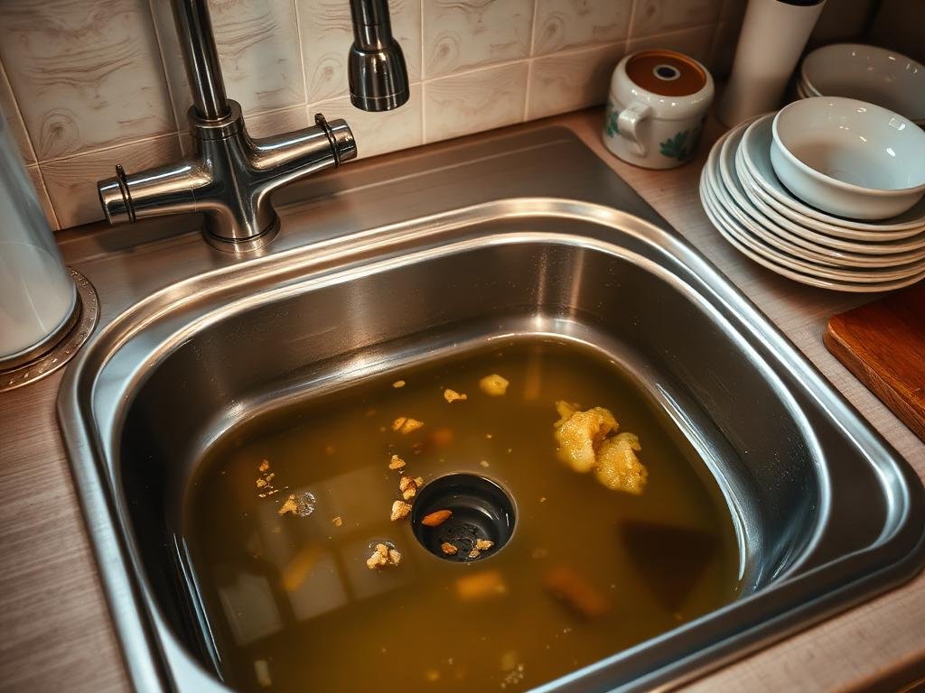 حوض مطبخ مسدود بمياه راكدة ودهون متراكمة في منزل بجدة