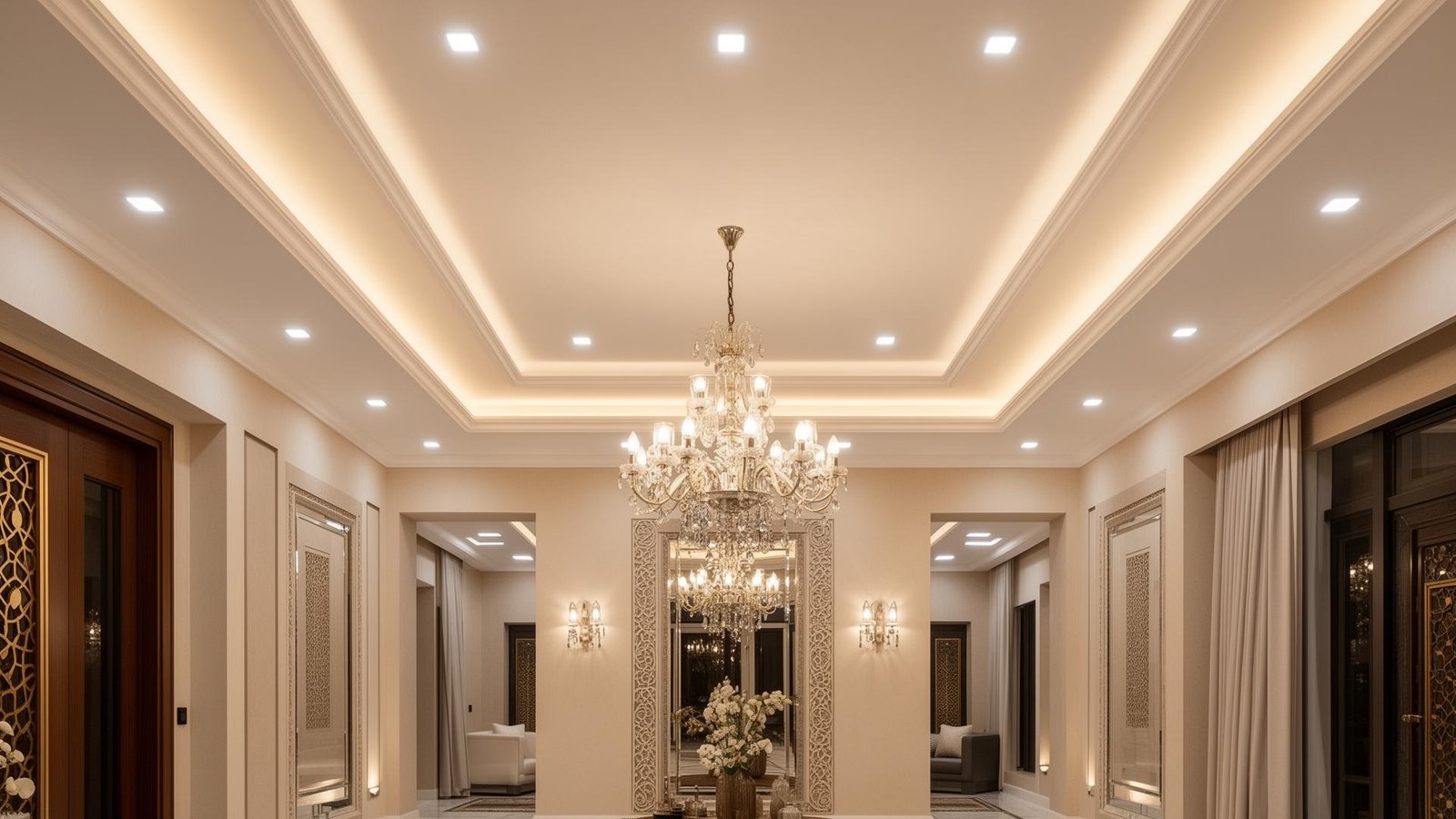 تركيب إضاءة LED وثريا في سقف فيلا فاخرة