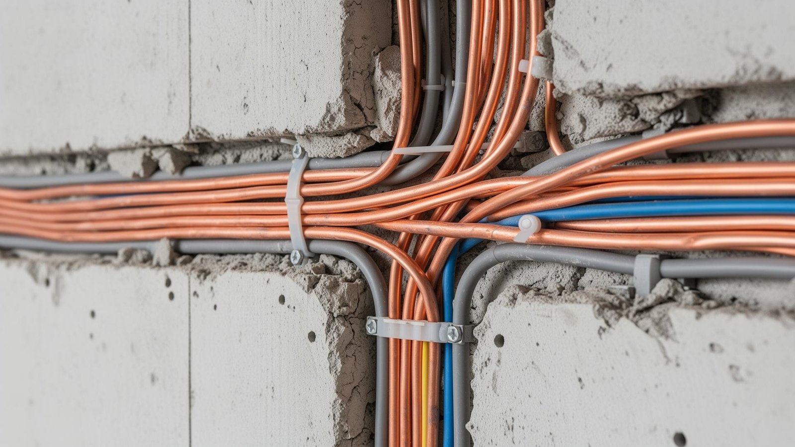 تمديدات أسلاك كهربائية نحاسية في جدار
