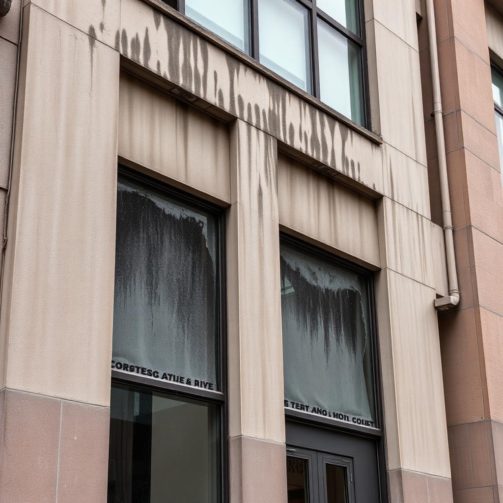 واجهة مبنى متسخة قبل التنظيف تظهر تراكم الأتربة والبقع