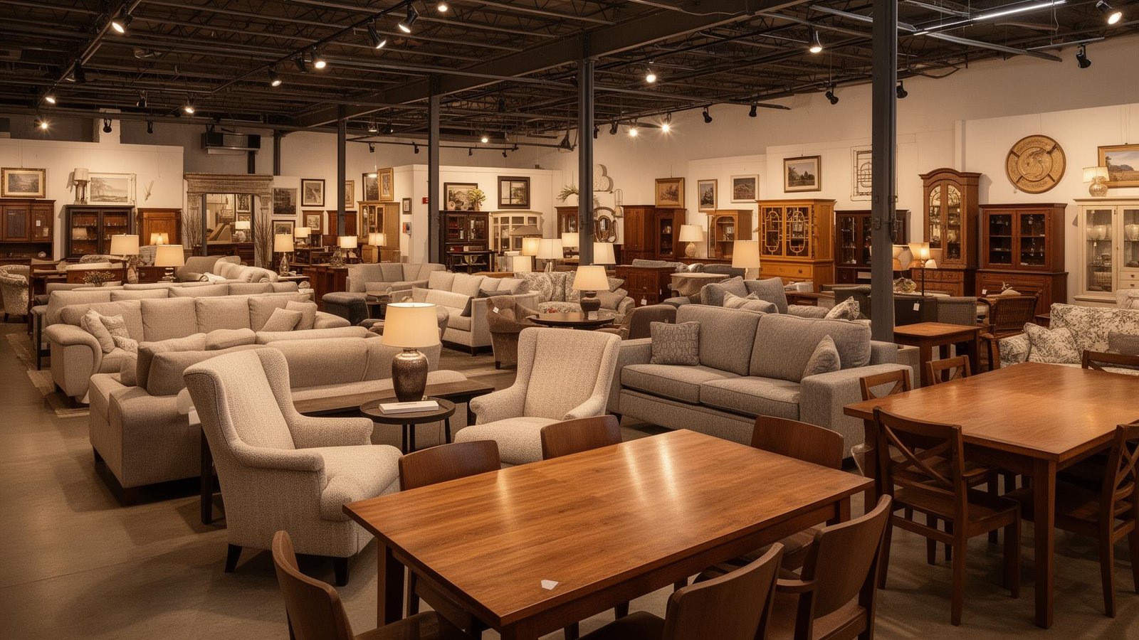 معرض أثاث مستعمل بحالة ممتازة مع كنب وطاولات خشبية