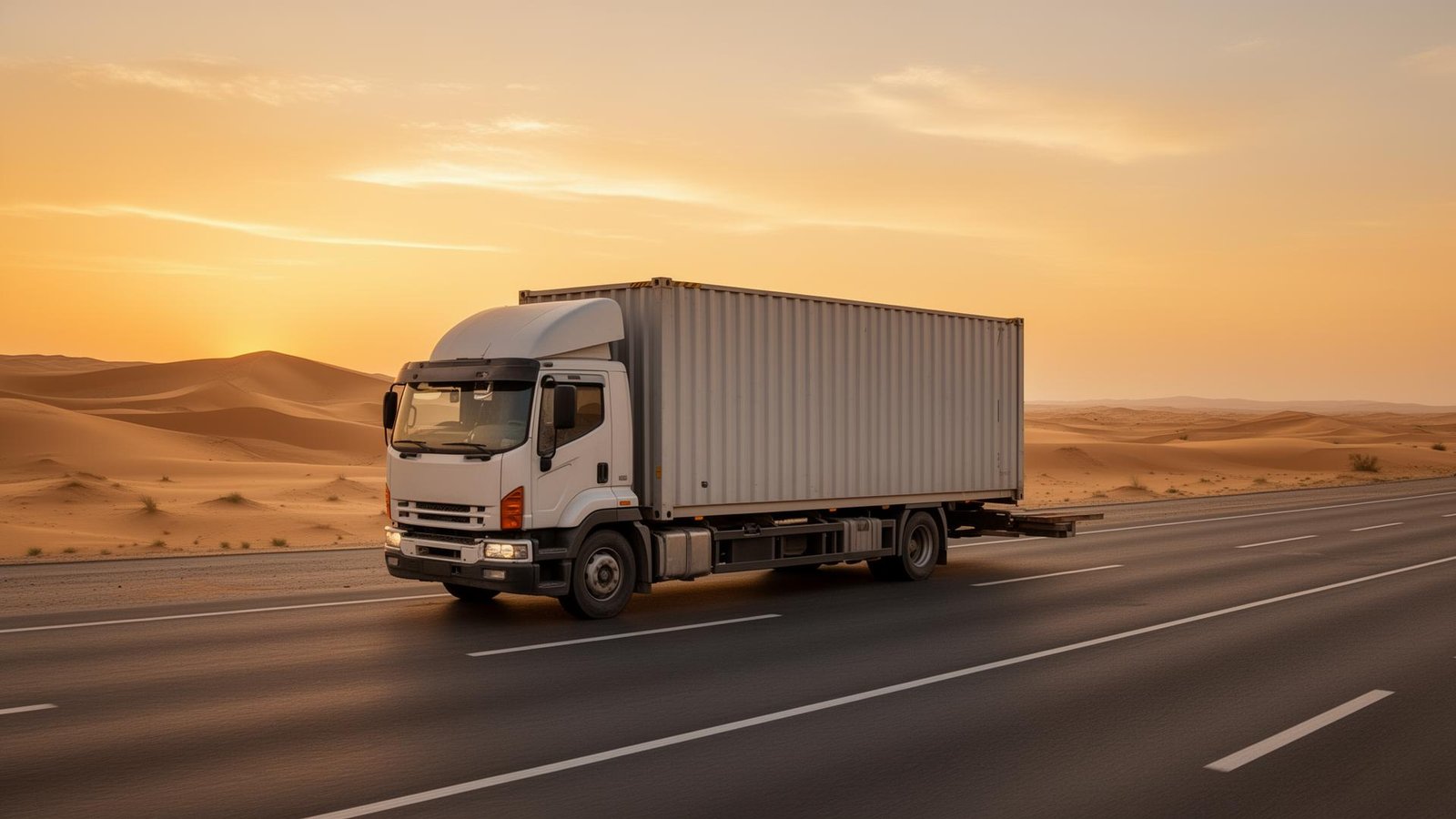 شاحنة نقل عفش على طريق صحراوي سعودي عند الغروب