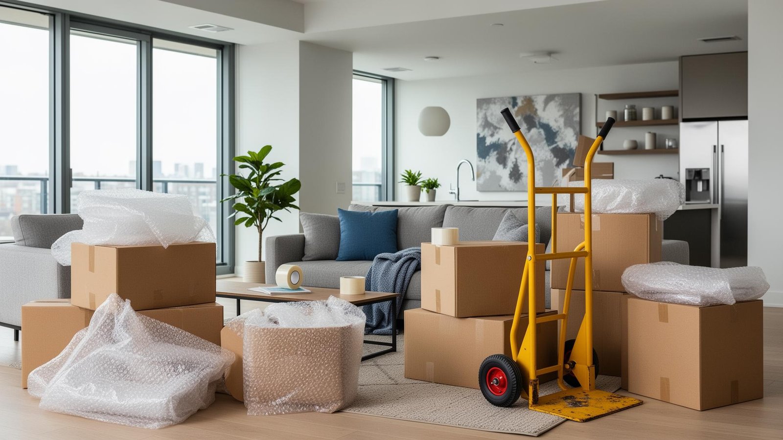 صناديق نقل مغلفة بعناية في شقة حديثة مع عربة يدوية