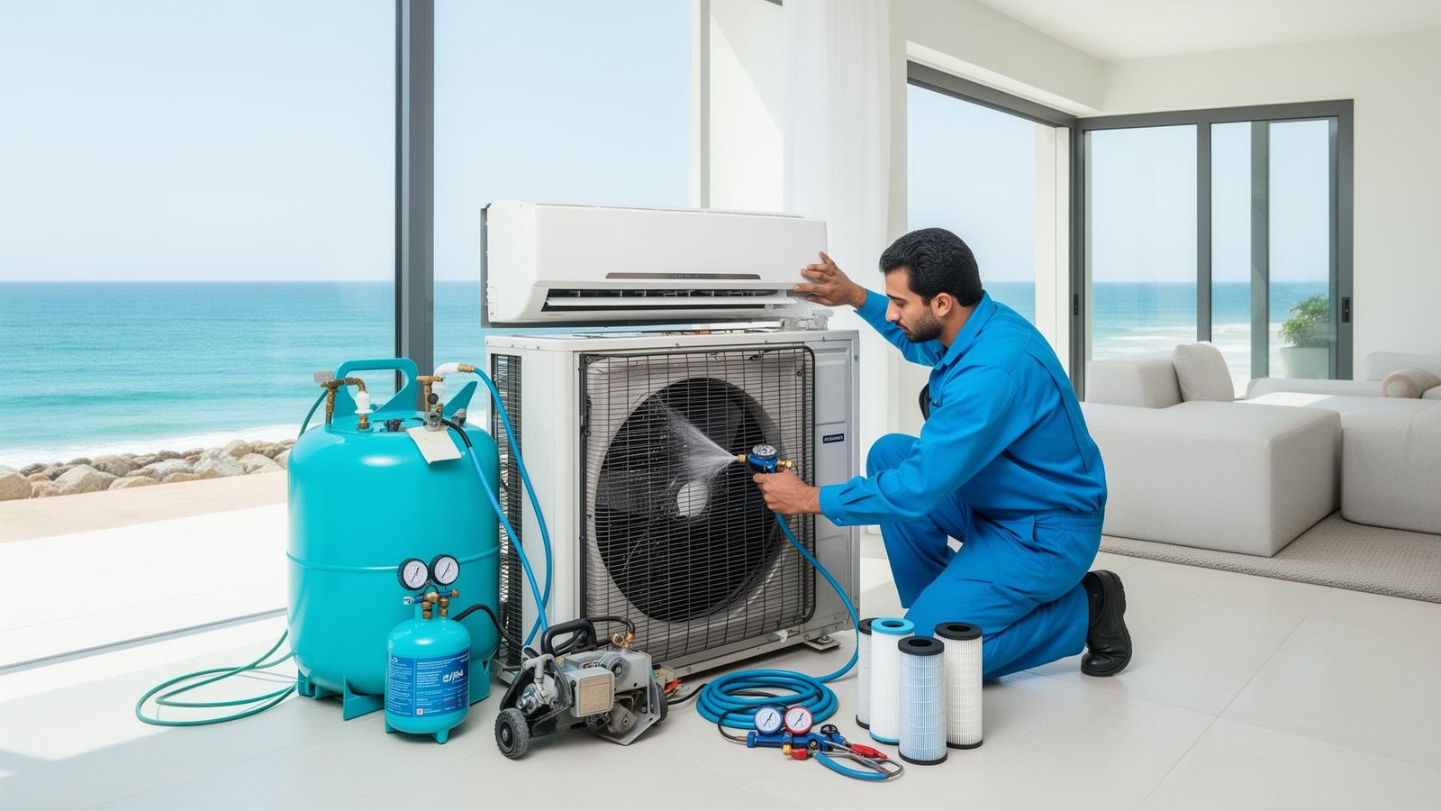 فني يقوم بصيانة وتنظيف مكيف سبليت في جدة