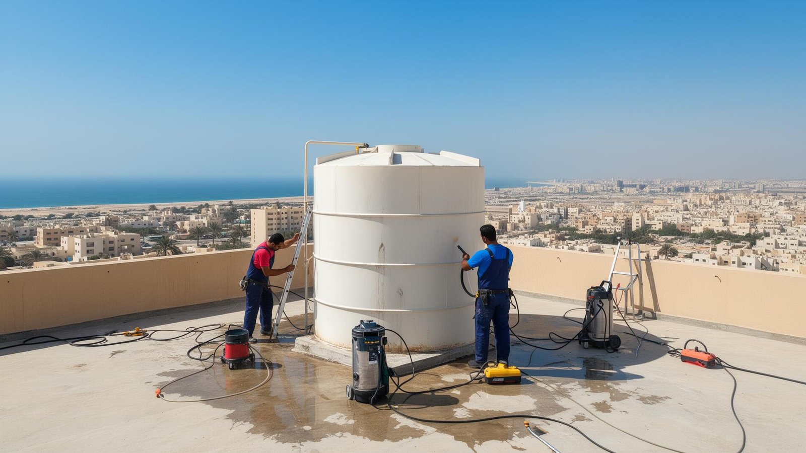 فني يقوم بتنظيف وتعقيم خزان مياه علوي في فيلا بجدة