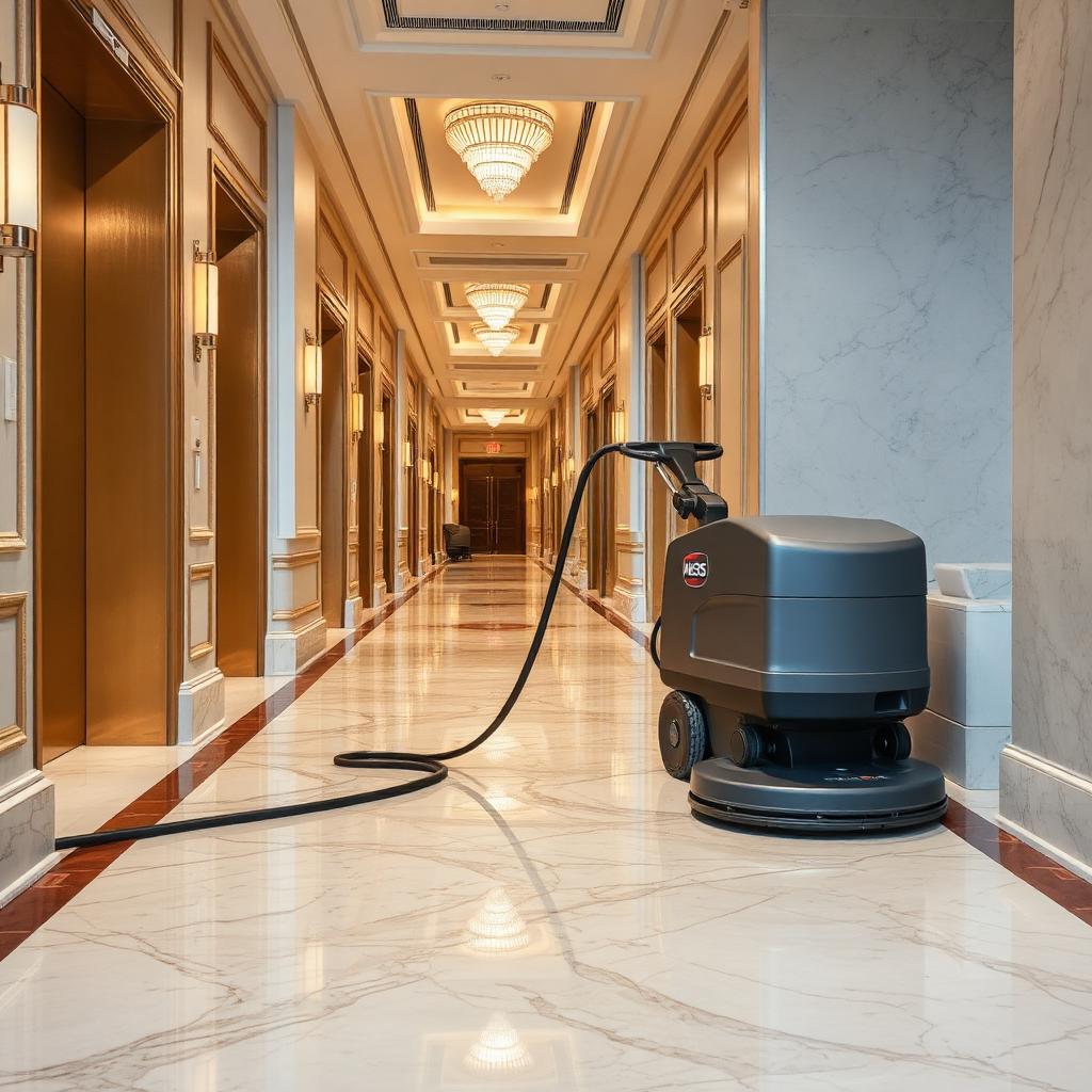 عملية تنظيف فندقي احترافية - فريق يعمل بمعدات صناعية