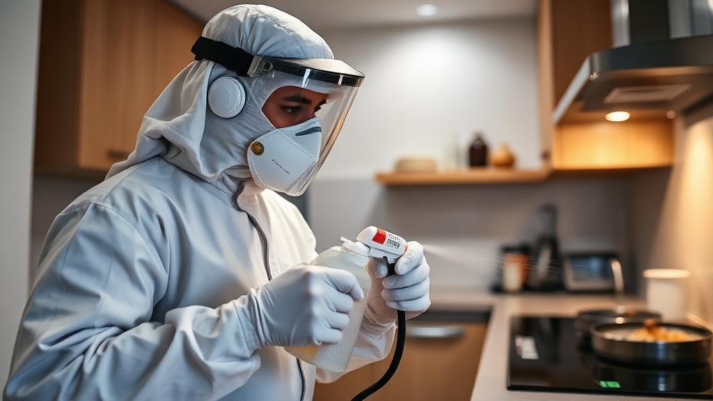 فني مكافحة الصراصير يستخدم جل الطُعم في مطبخ منزل بجدة