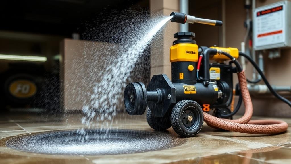 جهاز تسليك المجاري بالضغط العالي يضخ المياه لتنظيف الأنابيب في جدة