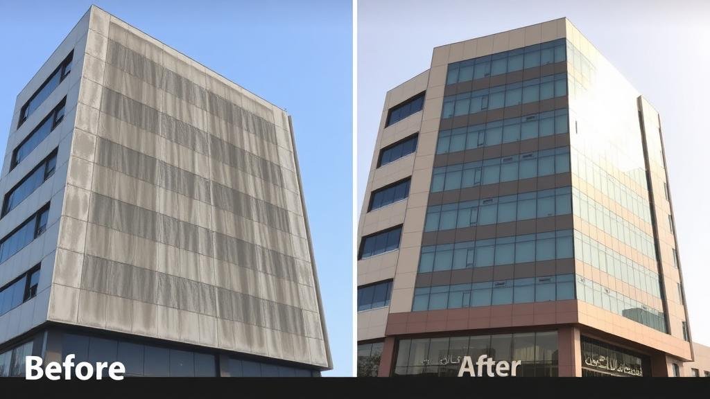 مقارنة قبل وبعد تنظيف واجهة مبنى تجاري في جدة تظهر الفرق الواضح