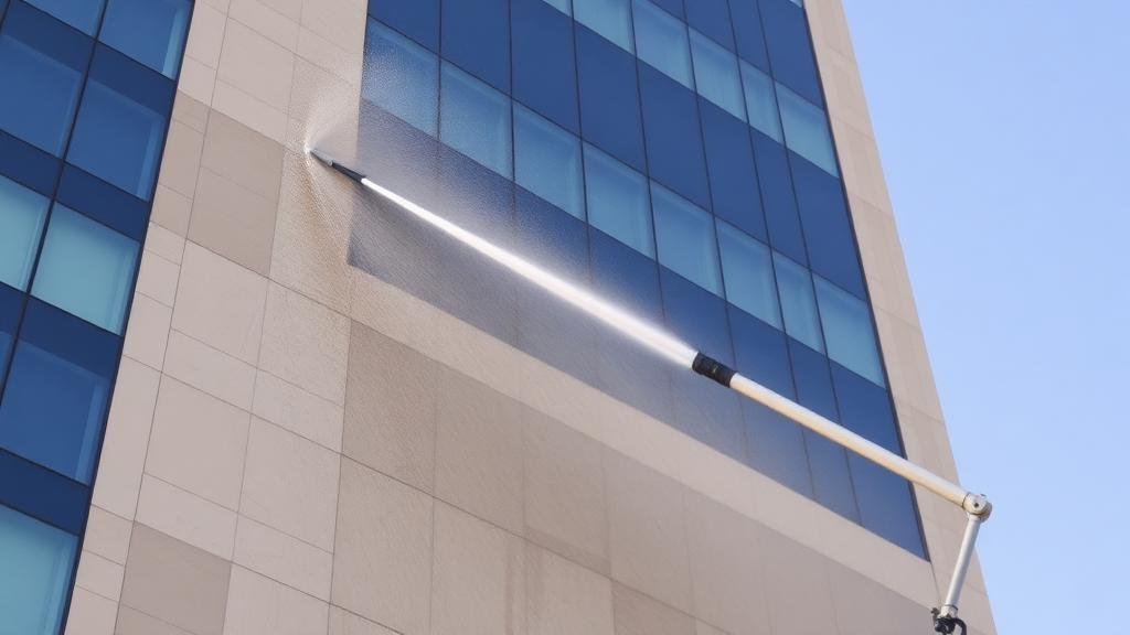 غسيل واجهة مبنى تجاري بالضغط العالي باستخدام رشاش مياه قوي في جدة