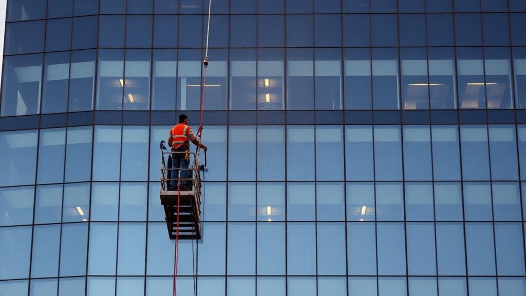 فني تنظيف واجهات يعمل على ارتفاع عالٍ باستخدام حبال السلامة في جدة