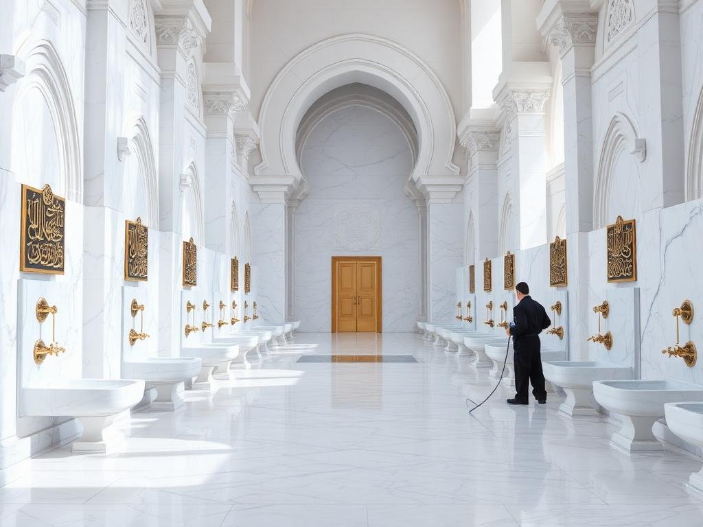 تنظيف دورات الوضوء بجدة - أماكن وضوء نظيفة ومعقمة برخام أبيض ناصع