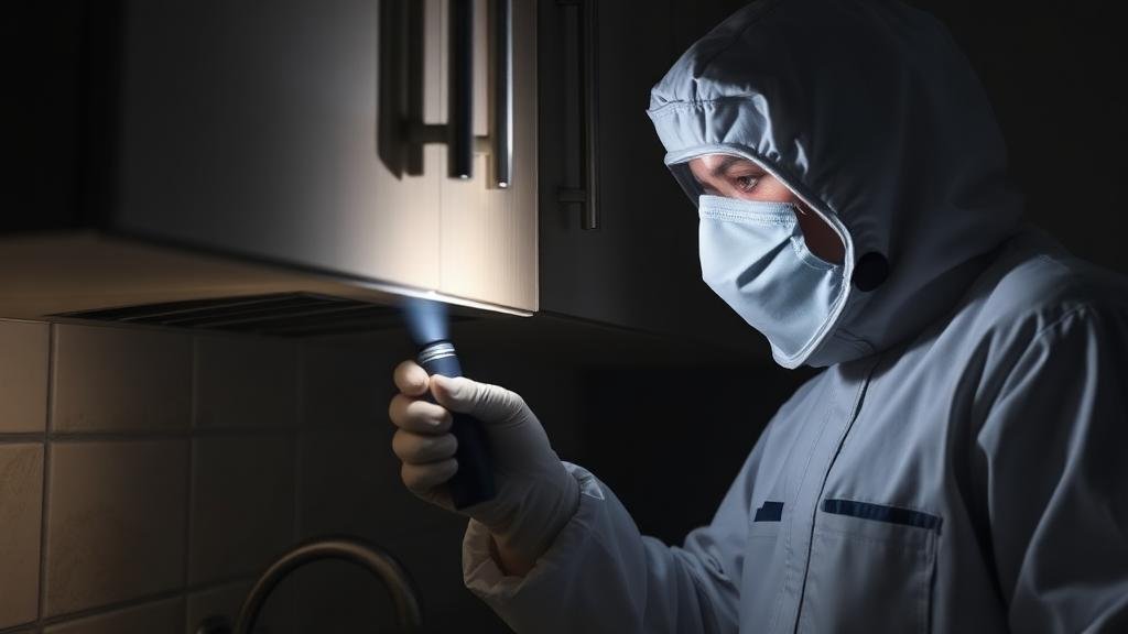 فني يفحص أماكن اختباء الحشرات في زاوية منزل بجدة