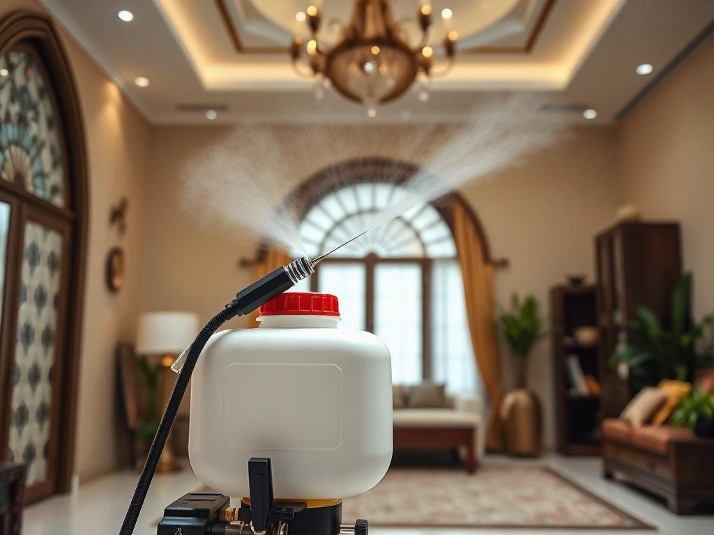 فني مكافحة حشرات يرش المبيدات داخل منزل في جدة مع معدات الحماية