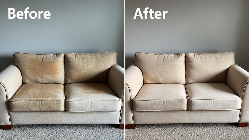 مقارنة قبل وبعد تنظيف الكنب تُظهر إزالة البقع والأوساخ في جدة