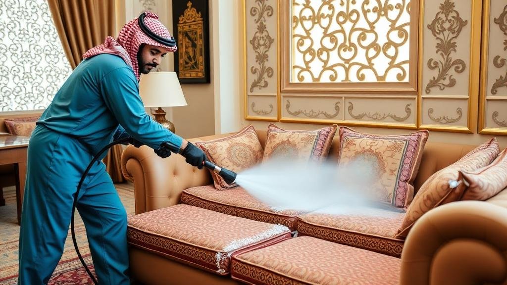 فني يقوم بتنظيف كنب المجلس بالبخار باستخدام معدات احترافية في جدة