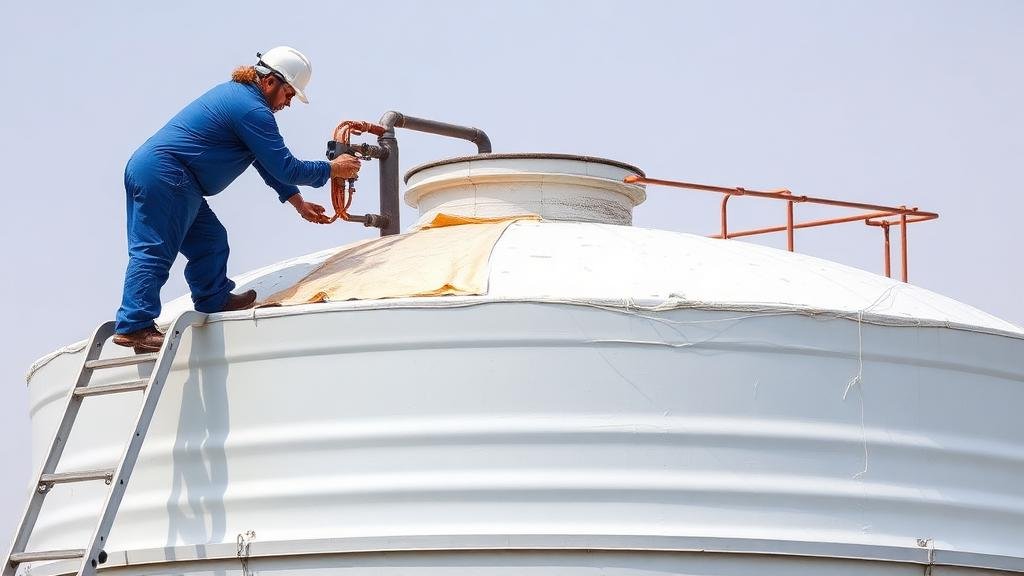 فني يقوم بتطبيق مواد العزل الحراري على خزان مياه علوي في سطح منزل بجدة