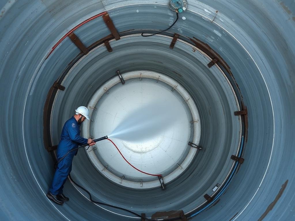 تنظيف داخل الخزان بجدة - فني يغسل جدران الخزان بالضغط العالي