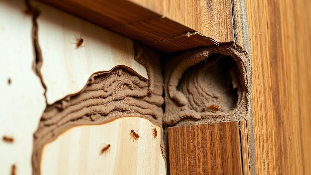 أضرار النمل الأبيض على إطار باب خشبي في منزل بجدة - أنفاق وتلف واضح