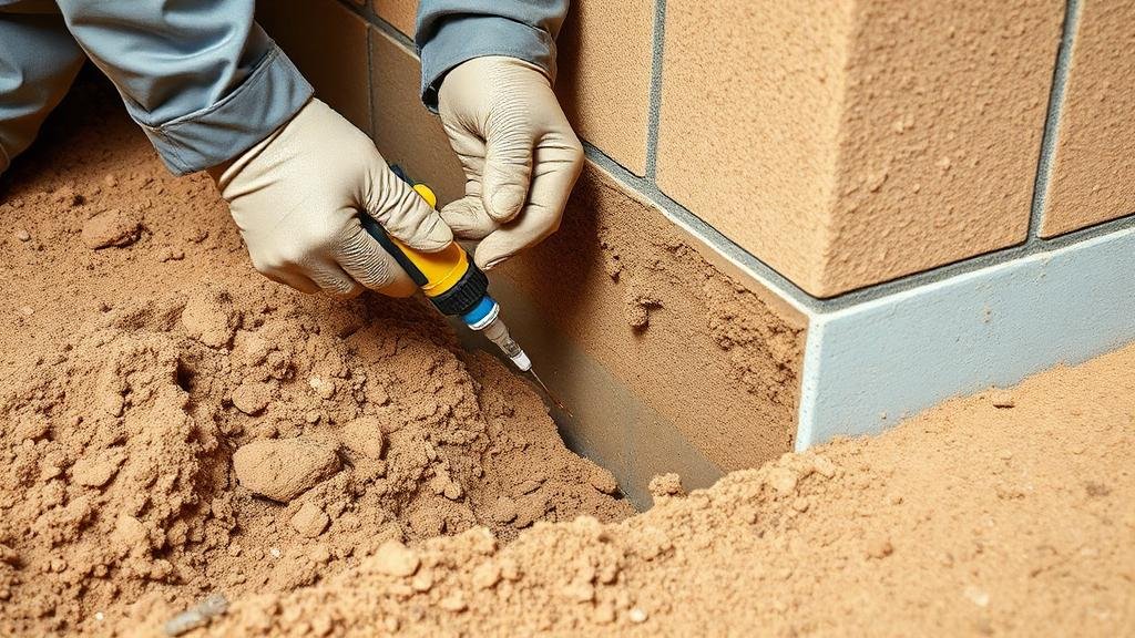 حقن التربة بمبيدات النمل الأبيض حول أساسات مبنى في جدة