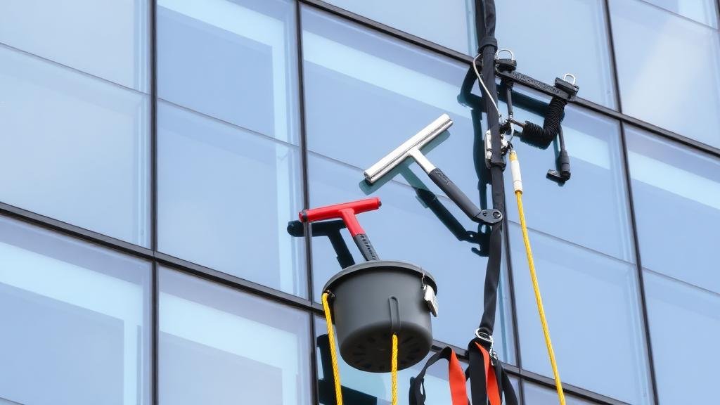 معدات تنظيف الواجهات الزجاجية الاحترافية معلقة على واجهة مبنى في جدة