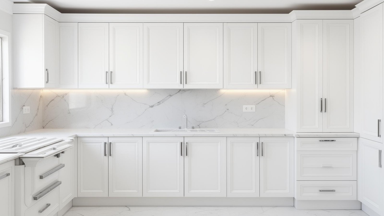 خزائن مطبخ بيضاء فاخرة بتصميم حديث