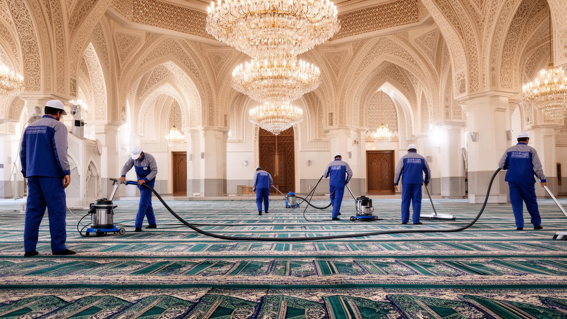 فريق تنظيف مساجد احترافي يعمل على تنظيف سجاد مسجد كبير بمعدات صناعية متطورة