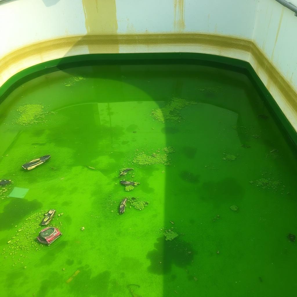 مسبح متسخ بمياه خضراء يحتاج تنظيف وصيانة