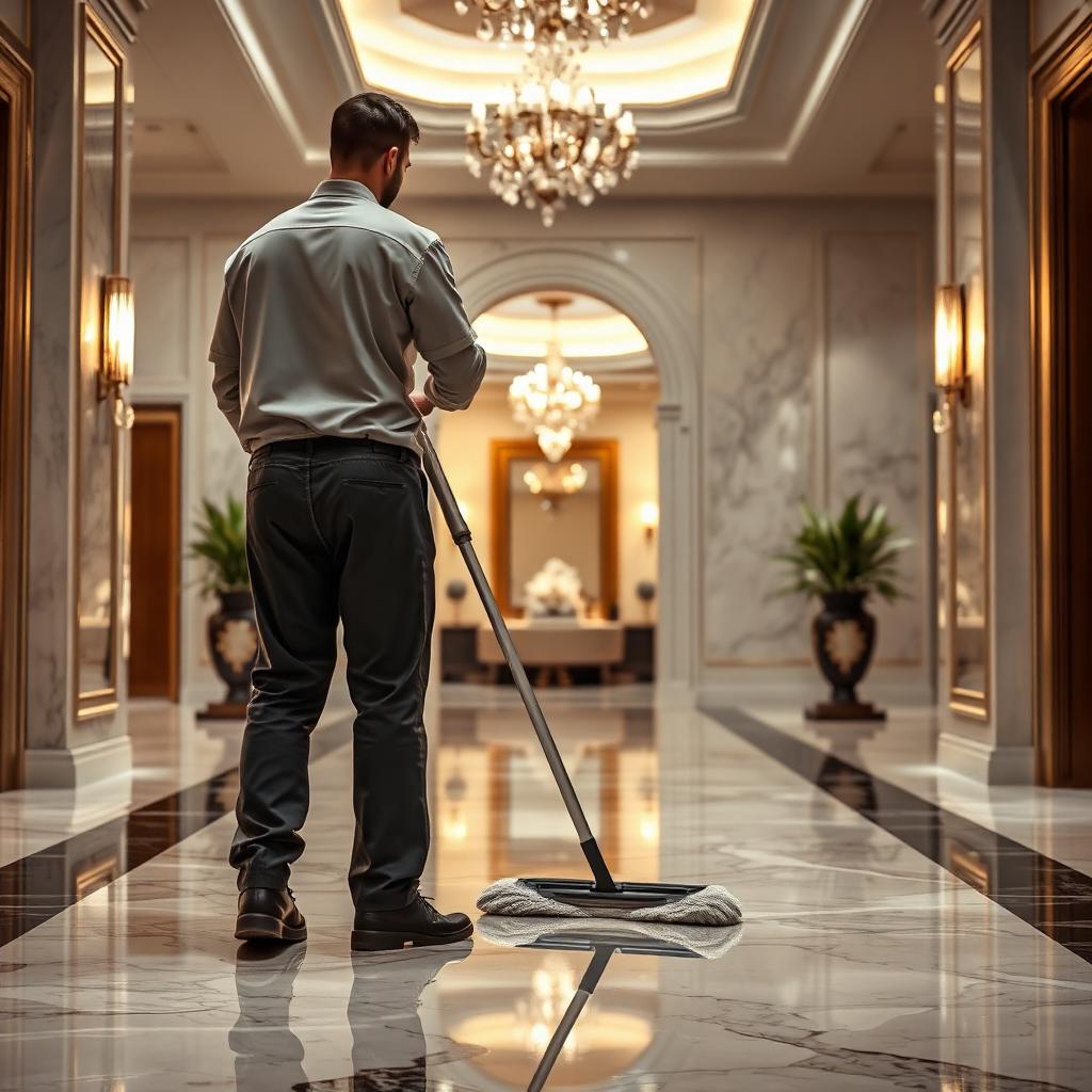 عامل تنظيف يقوم بتلميع أرضية رخامية في فيلا